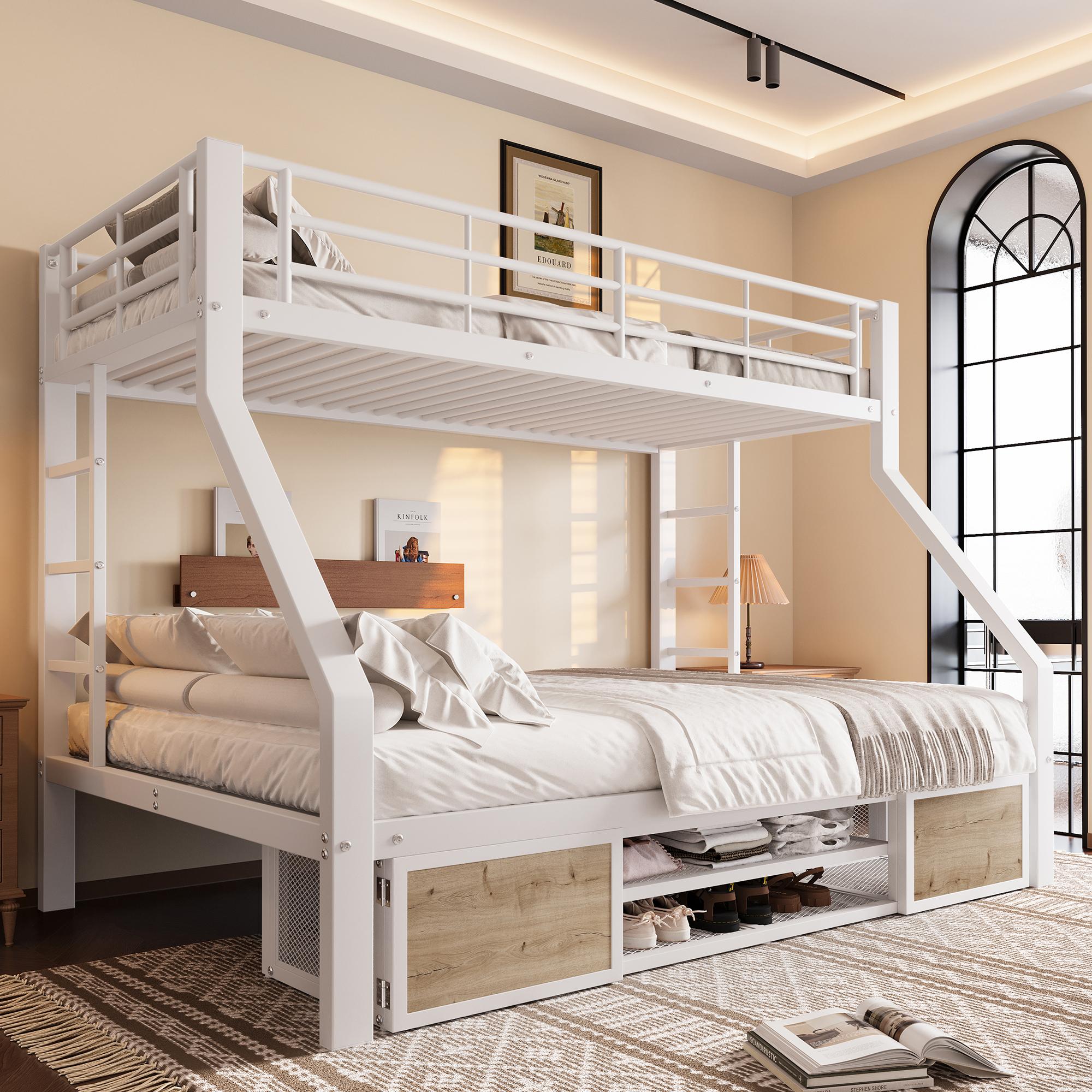okwish Etagenbett 90/140x200 Kinderbett Bettgestell mit einer Matratze mit Eisenrahmen und integriertem Schuhschrank,Doppelbett mit Schutzgittern und einer Leiter,Weiß