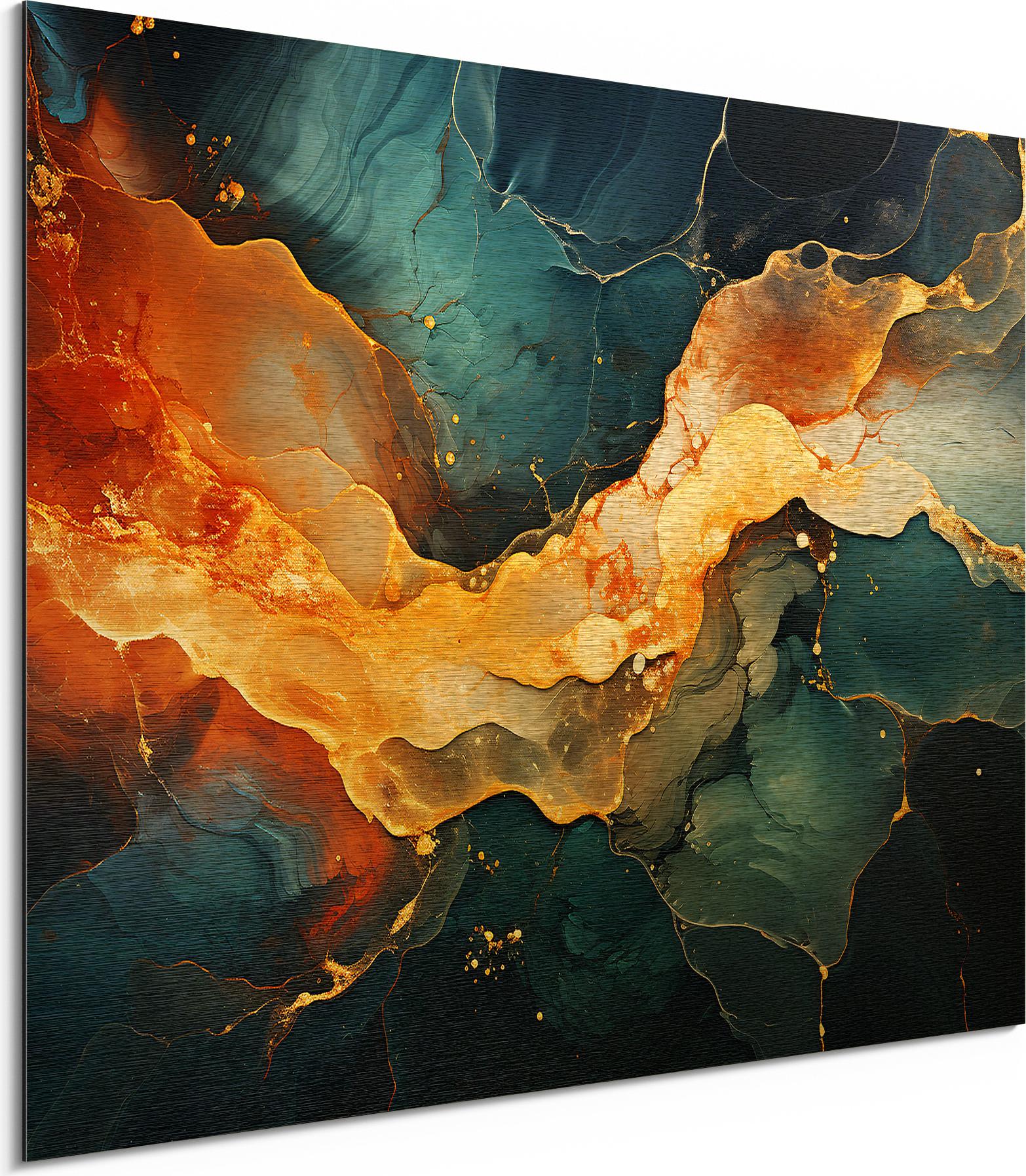 DEQORI Alu-Dibond Bild Gold 80x60 cm 'Magmatischer Glanz' Wandbild Metall dünn Design AD-80-60-G-5416-UV