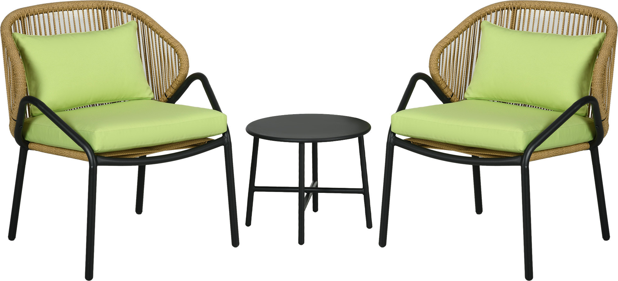 Outsunny 3-dielna súprava ratanového záhradného nábytku, záhradná súprava s 2 záhradnými stoličkami, bočným stolíkom, sedacou súpravou s vankúšmi na sedenie a operadlo, na balkón, terasu, oceľ, zelená