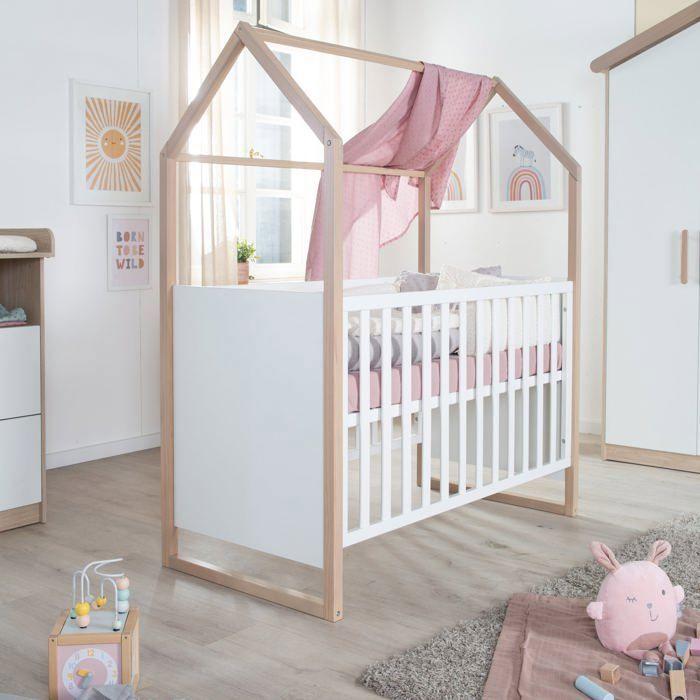 Babybett, Kinderbett 2-in-1, 60 x 120 cm, ROBA Cabane, Kiefer/Weiss, Höhenverstellbar, Gitterbett, Beistellbett AABJC81745
