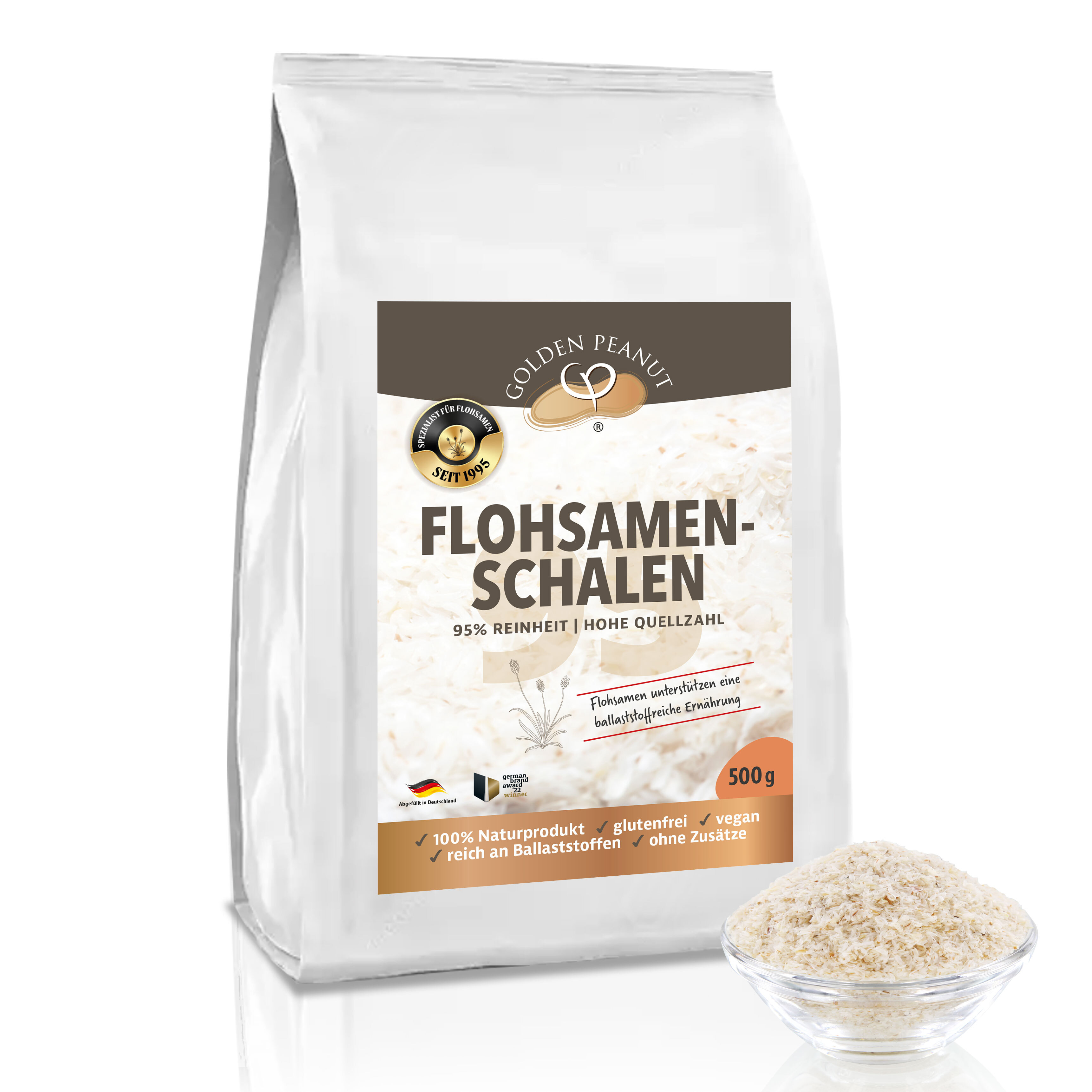 GOLDEN PEANUT Flohsamenschalen 500 g – 95% Reinheit hohe Quellzahl, glutenfrei, ballaststoffreich, Naturprodukt 11005-02