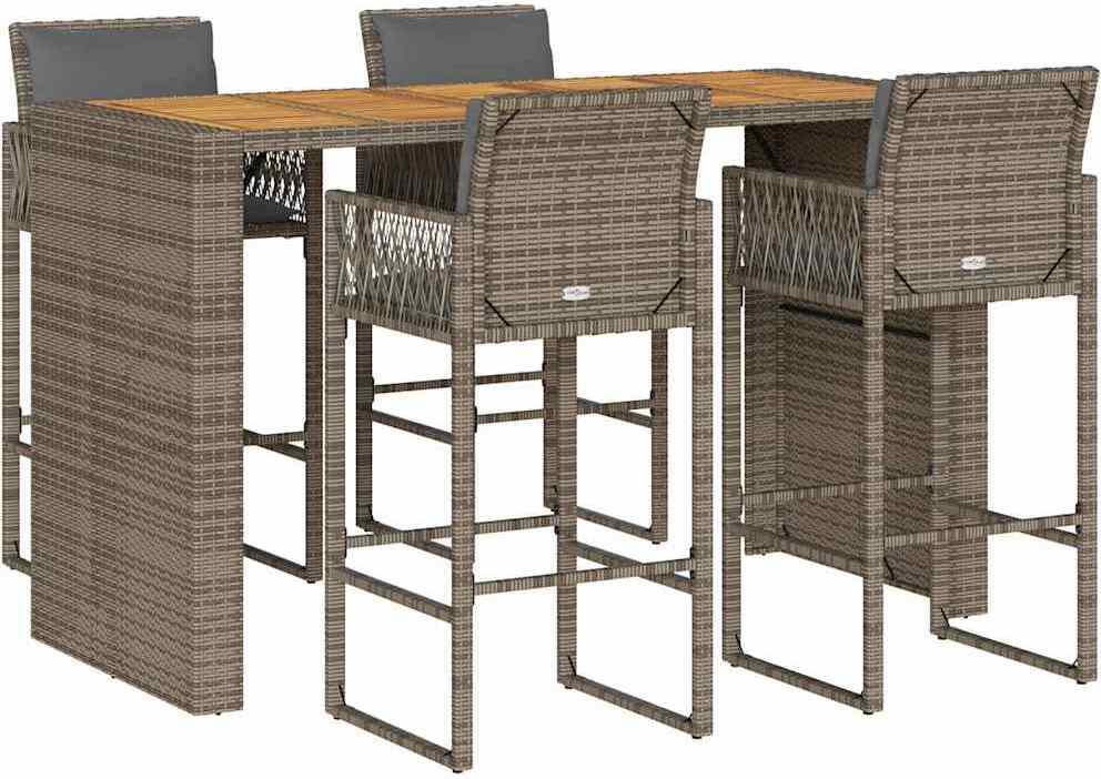 vidaXL 5-dielny záhradný barový set s vankúšmi sivý polyratan akácia