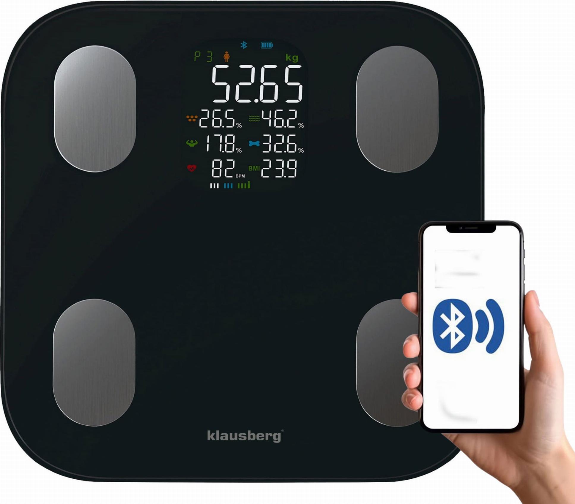 Personenwaage mit Körperfett- und Körperzusammensetzungsmessung, Smart, BT, KLAUSBERG KB-7854 schwarz