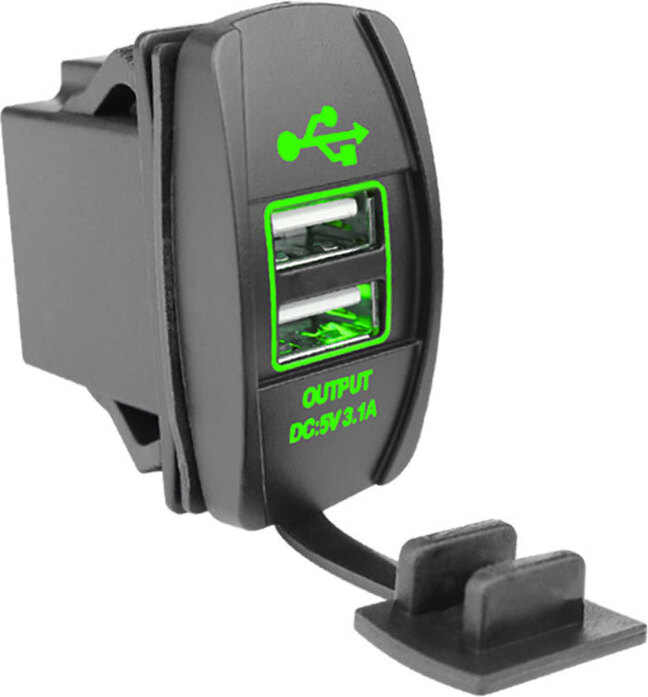 INF Dvojitá USB nabíjačka so zeleným prstencom pre auto, loď a motocykel