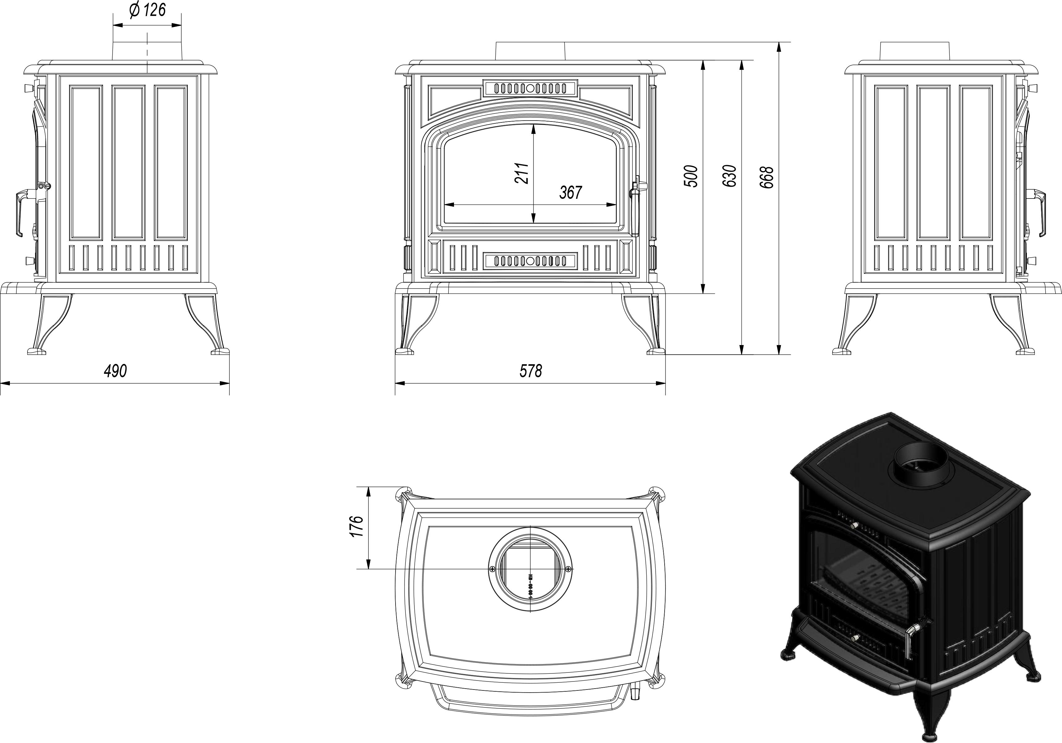 Liatinové kachle na drevo KRATKI K6 Ø 130 8 kW s príslušenstvom