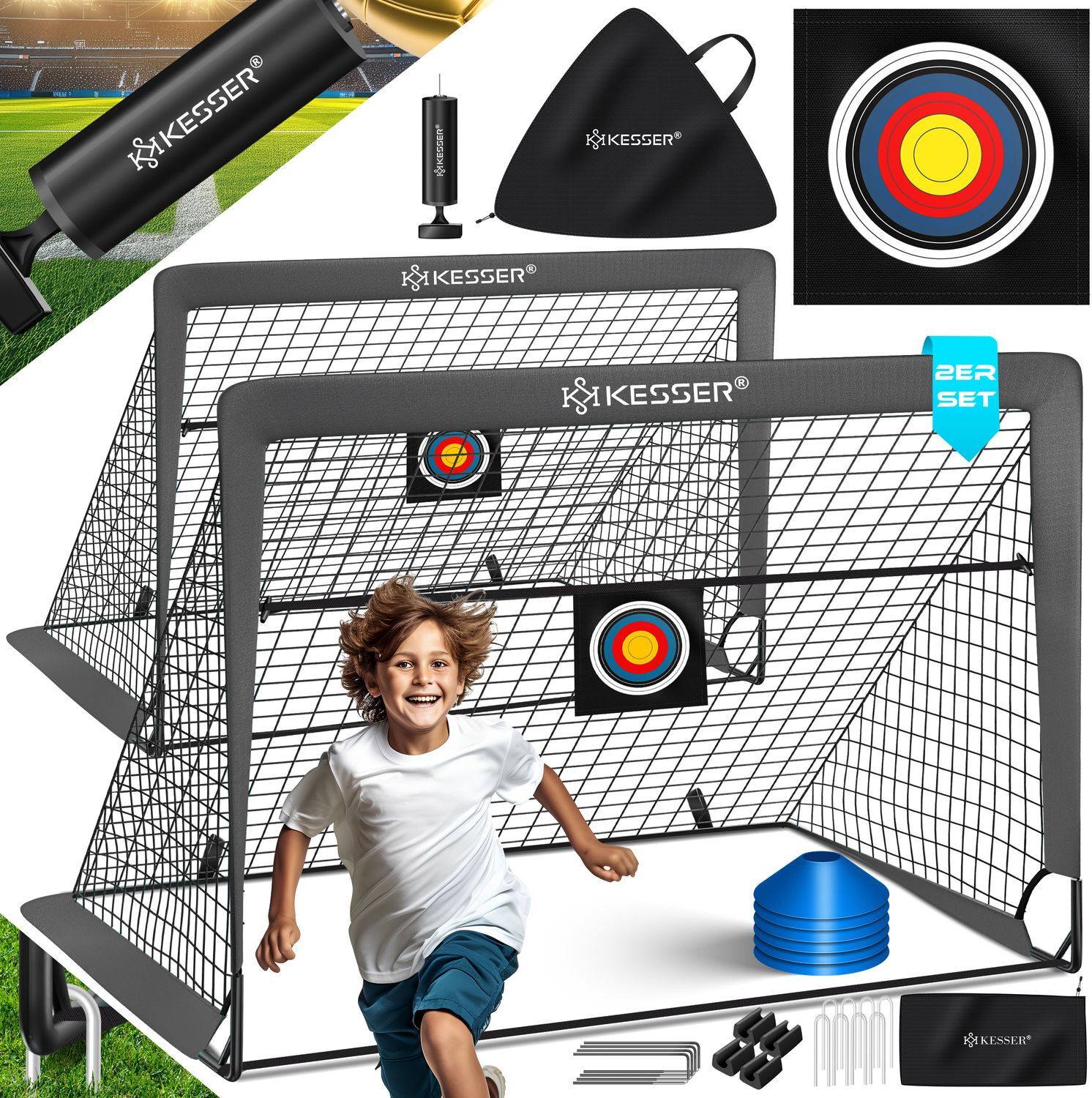 KESSER® Fussballtor 2er Set | Tolles Fußball Geschenk für Kinder, Indoor und Outdoor Garten : Antirutsch - Inkl. Fußball Trainingszubehör: Hütchen, Zielscheibe, Sporttasche, Ballpumpe