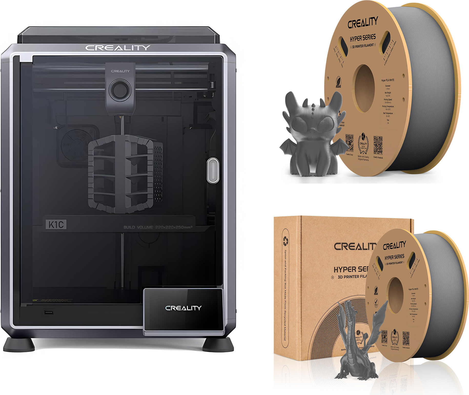 CREALITY 3D Creality K1C 3D Drucker, mit 2kg Creality Hyper PLA Filament--Grau