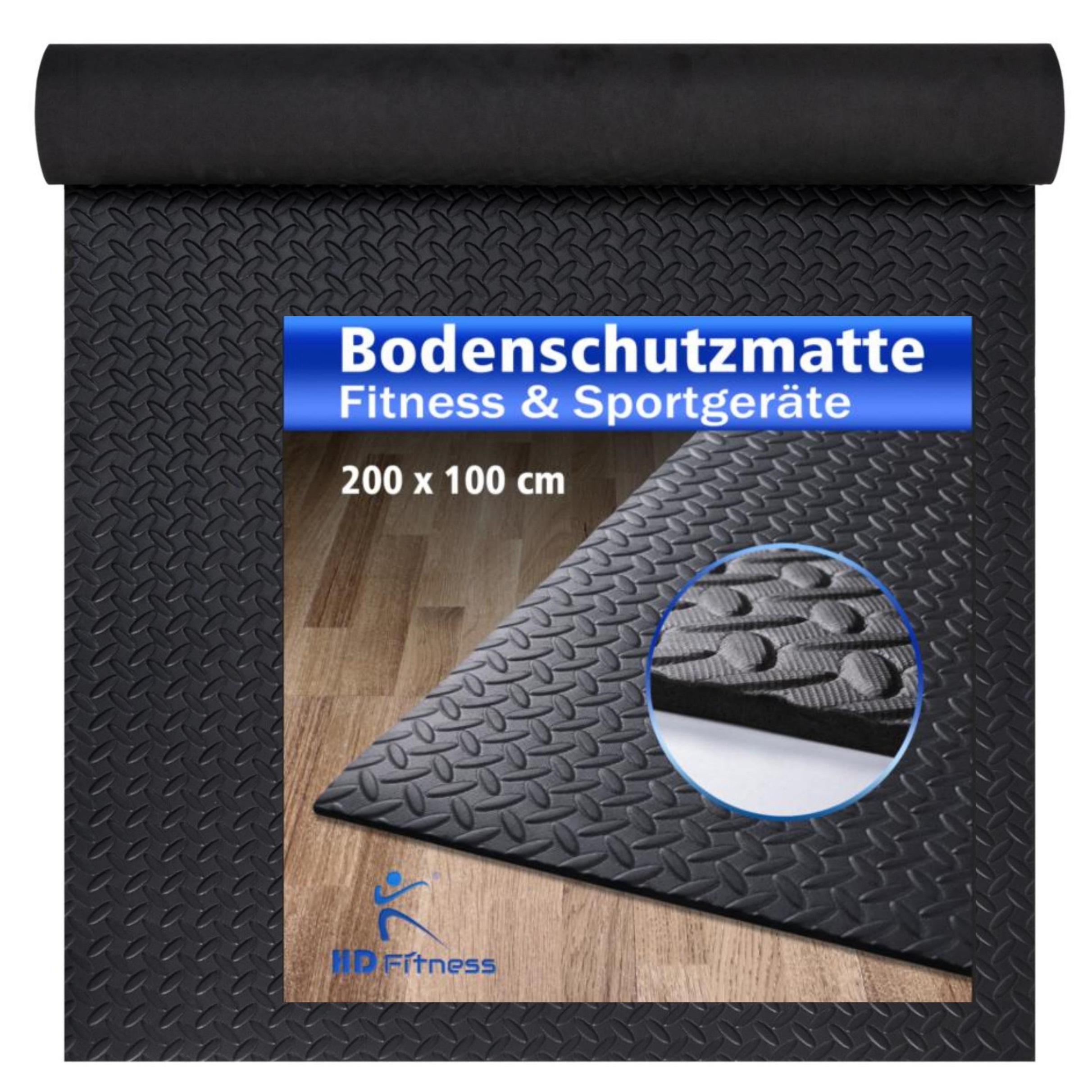 H&D Manufaktur HD Fitness Bodenschutzmatte Unterlegmatte für Fitnessgeräte EVA 200x100cm, 7mm Dicke - Schwarz
