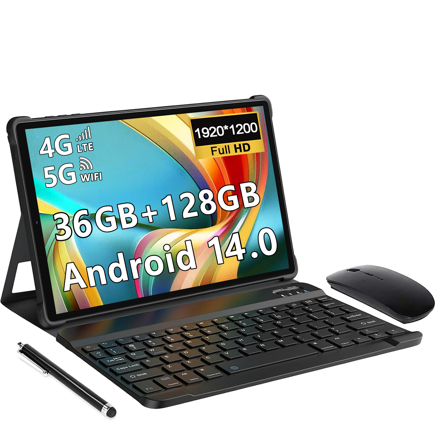Tablet 10 Zoll mit Tastatur und Maus MAGCH, Octa-Core, 36GB+128GB(1TB TF), Android 14, 1920*1200 FHD, 4G LTE/SIM/5G WIFI, 8000mAh, 13MP+8MP, Schwarz L30