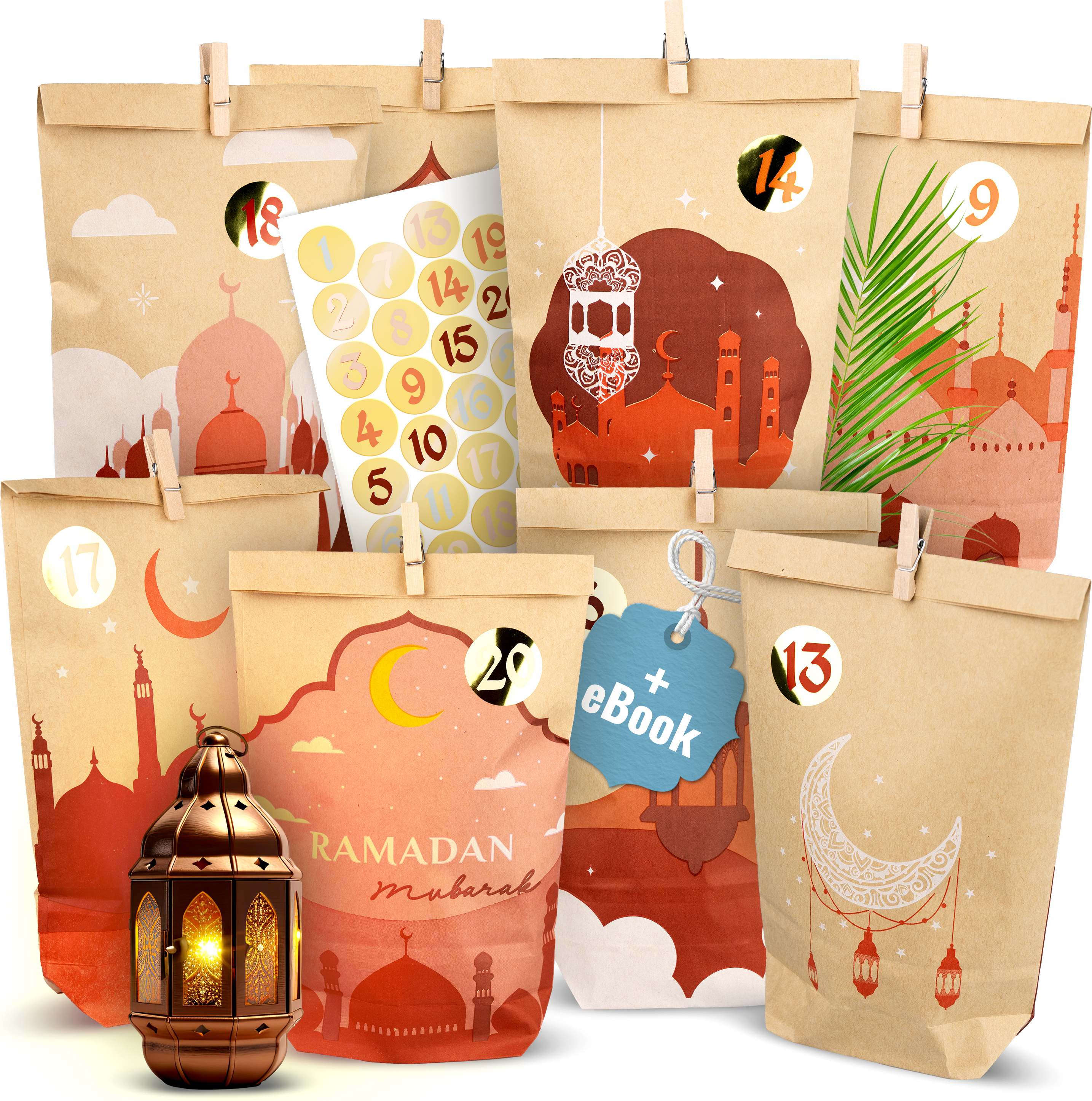 AMARI ® Ramadan Tüten colorful (30 Tüten inklusive Sticker & Klammern) - Ramadankalender zum Befüllen - Ramadan Kalender Tüten - Ramadan Kalender