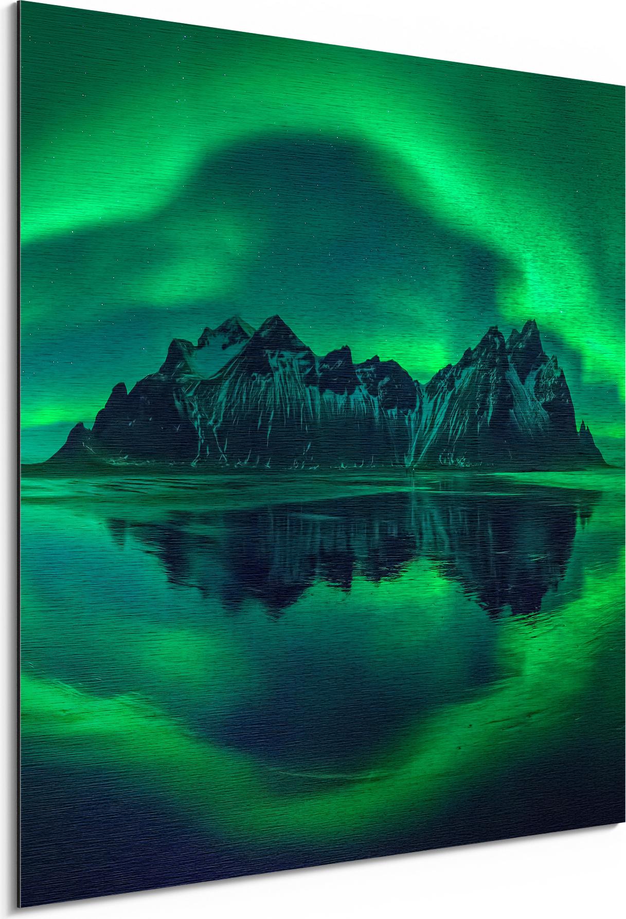 DEQORI Alu-Dibond Bild Silber 50x50 cm 'Vestrahorn im Polarlicht' Wandbild Metall dünn AD-50-50-S-1121-UV