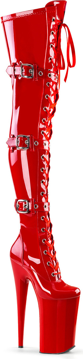 BEYOND-3028 Pleaser Vysoké topánky nad kolená červený strečový lak 3 pracky