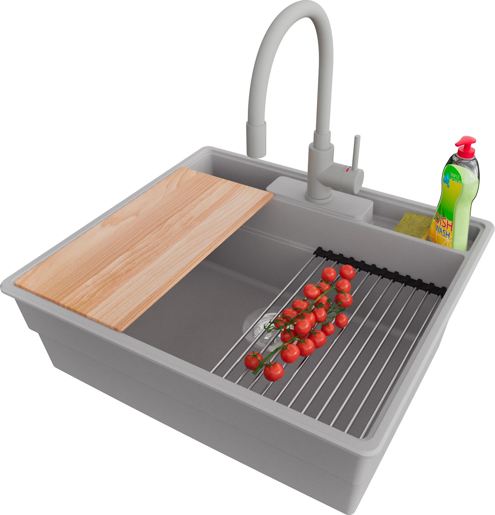 PRIMAGRAN Granitspüle Grau 58x53cm, Spülbecken 1 Becken + Küchenarmatur 38x14cm + Ablauf-Set + Küchenzubehörset, Küchenspüle ab 60er Unterschrank - New York