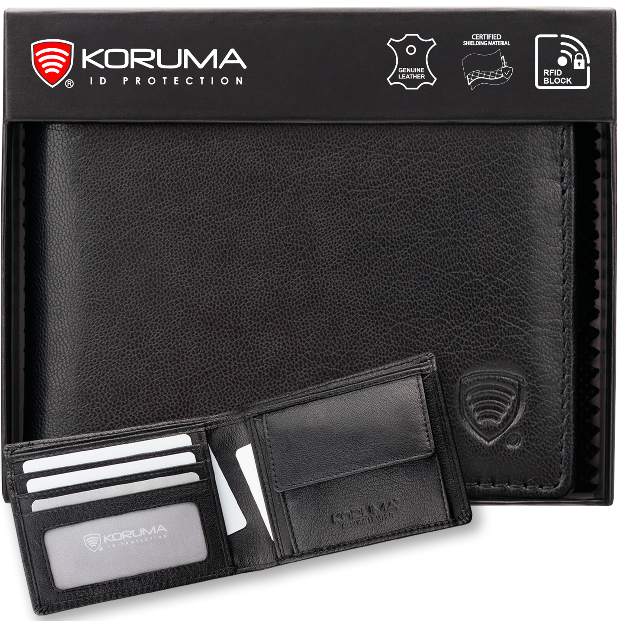 Herren Geldbörse RFID Leder Klein Schwarz – kleiner Portemonnaie mit Münzfach & Kartenfächern – RFID Schutz – schlank & kompakt / Koruma® SM-901GBL