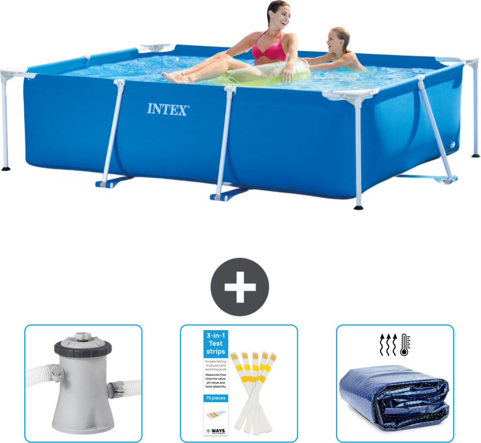 Bazén Intex s obdĺžnikovým rámom - 220 x 150 x 60 cm - modrý - obsahuje filtračné čerpadlo pre bazén - testovacie prúžky - slnečnú striešku