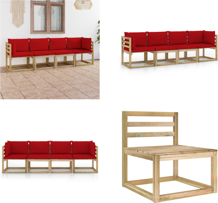 vidaXL Záhradná pohovka 4-miestna s vankúšmi v červenej farbe - Záhradná pohovka - Drevená pohovka - 4-miestna záhradná pohovka