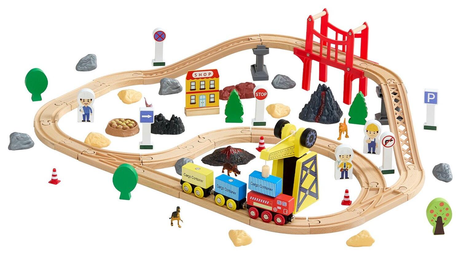 VEVOR 70-teiliges Holzeisenbahnset mit Magnetkran, Holzeisenbahnspielzeug für Kinder von 3 bis 8 Jahren, Eisenbahnset mit Baukran, kompatibel mit den gängigen Marken, Weihnachts- und Geburtstagsgeschenk für Kleinkinder, Jungen und Mädchen