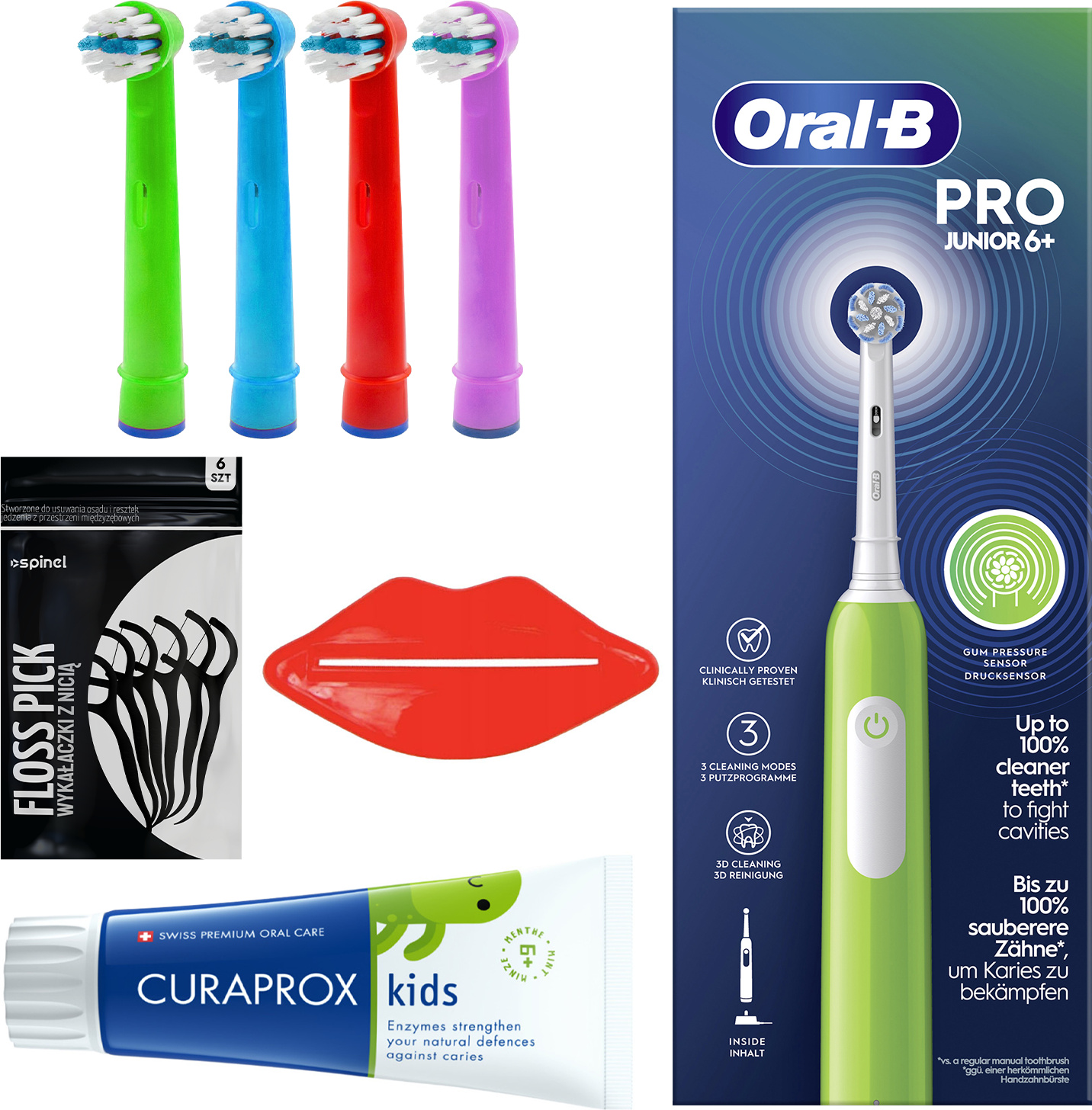 Elektrická zubná kefka Oral-B Pro Junior 6+ zelená + 4 náhradné hlavice kefky + zubná pasta Curaprox Kids Mint