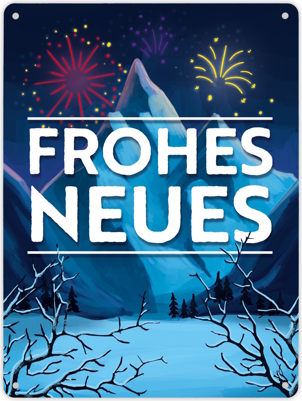 speecheese Feuerwerk über Winterlandschaft Frohes Neues Metallschild XL in 21x28 cm