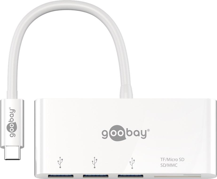 Goobay 62097 Viacportový adaptér USB-C™ CardReader, biely, 0,15 m - rozširuje zariadenie USB-C™ o tri porty USB 3.0 a slot na karty SD/MMC a micro SD