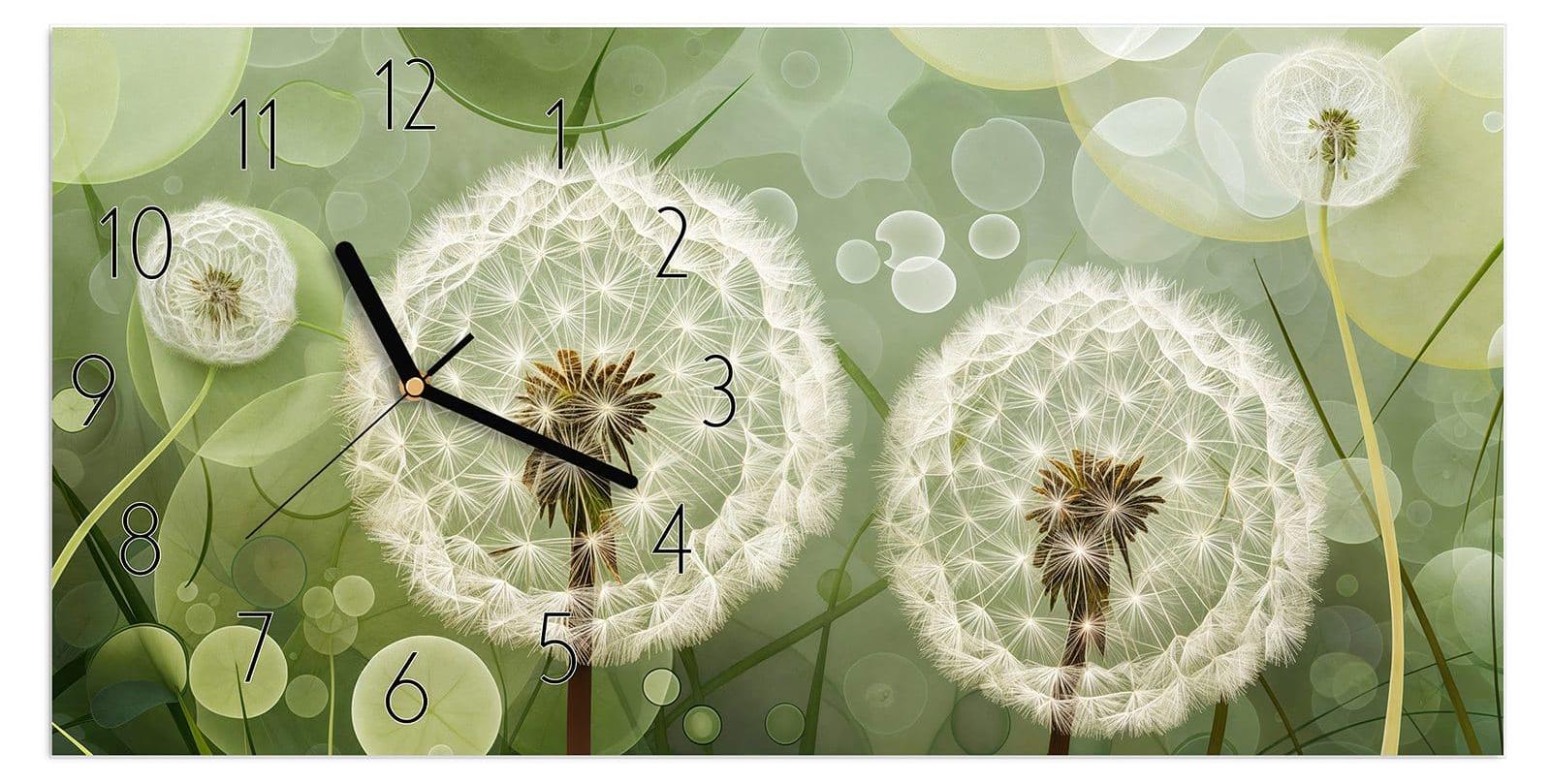 Primedeco Wanduhr aus Glas mit Motiv Löwenzahnzarte Blüten- 60 x 30 cm - inkl. Aufhängesystem