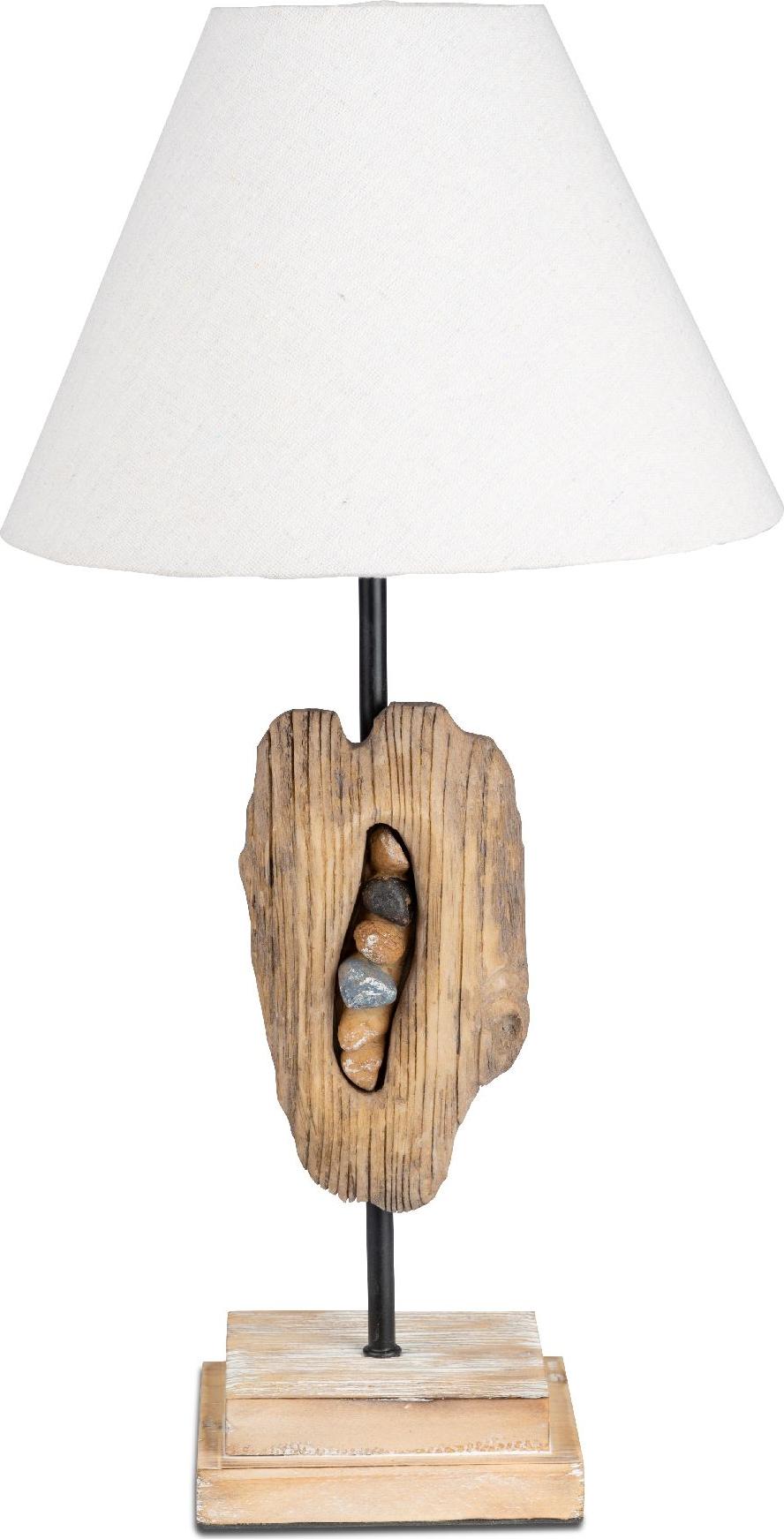 Tischlampe Holz mit Steinen Naturoptik H. 50cm mit Stoff Schirm Formano 653659
