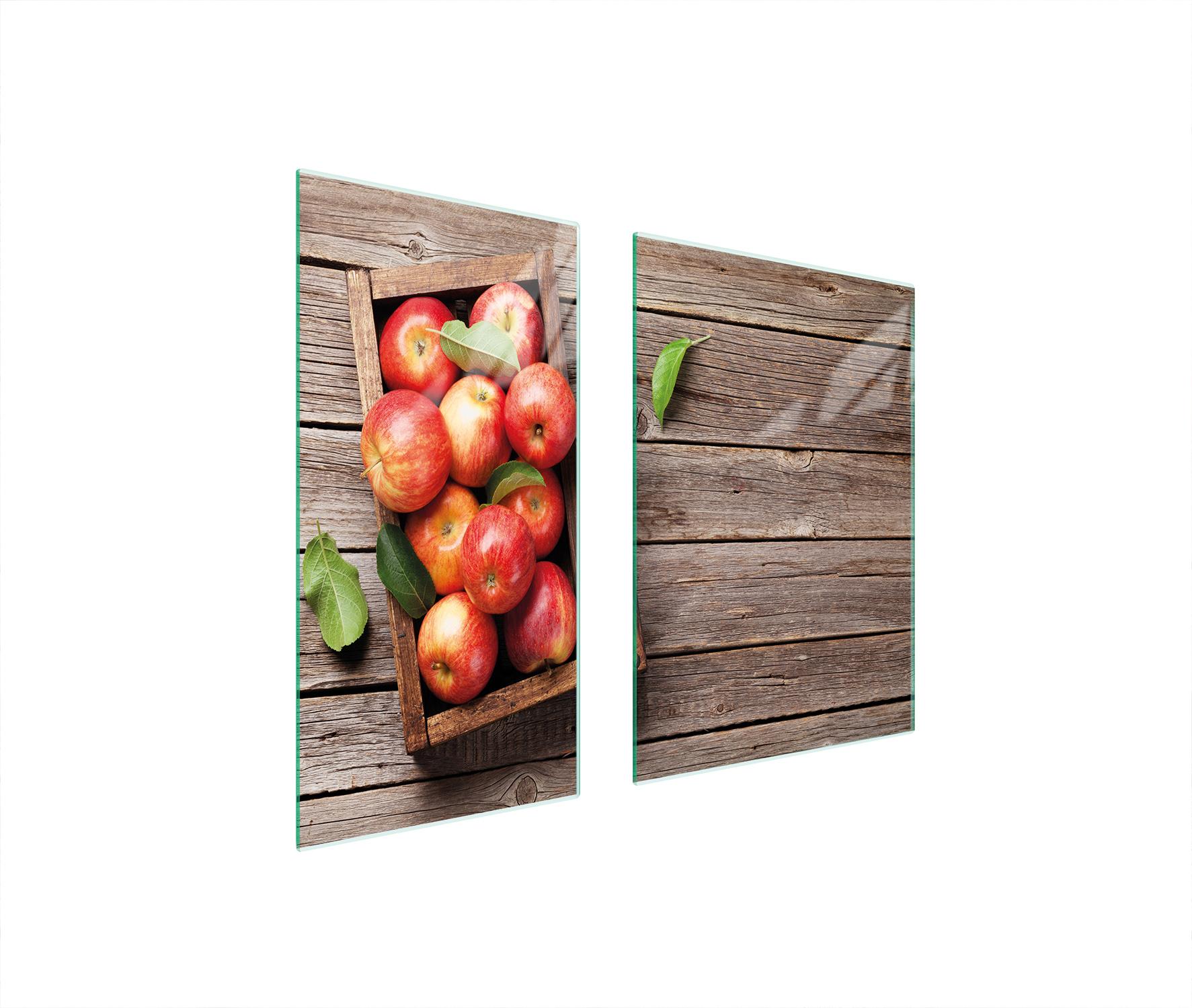 TMK ArtDeko Herdabdeckplatten 2 teilig 75x52 Ceranfeld Abdeckung Glas Schneidebrett Äpfel Holz