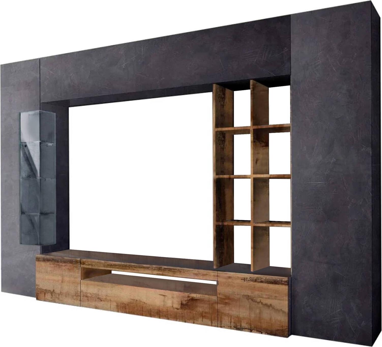 Dmora Wohnzimmermöbel Dlazzar, TV-Wohnzimmer-Set, Mehrzweck-Wohnzimmermöbel mit LED-Beleuchtung, 100% Italy, cm 290x40h192, Schiefer und Ahorn