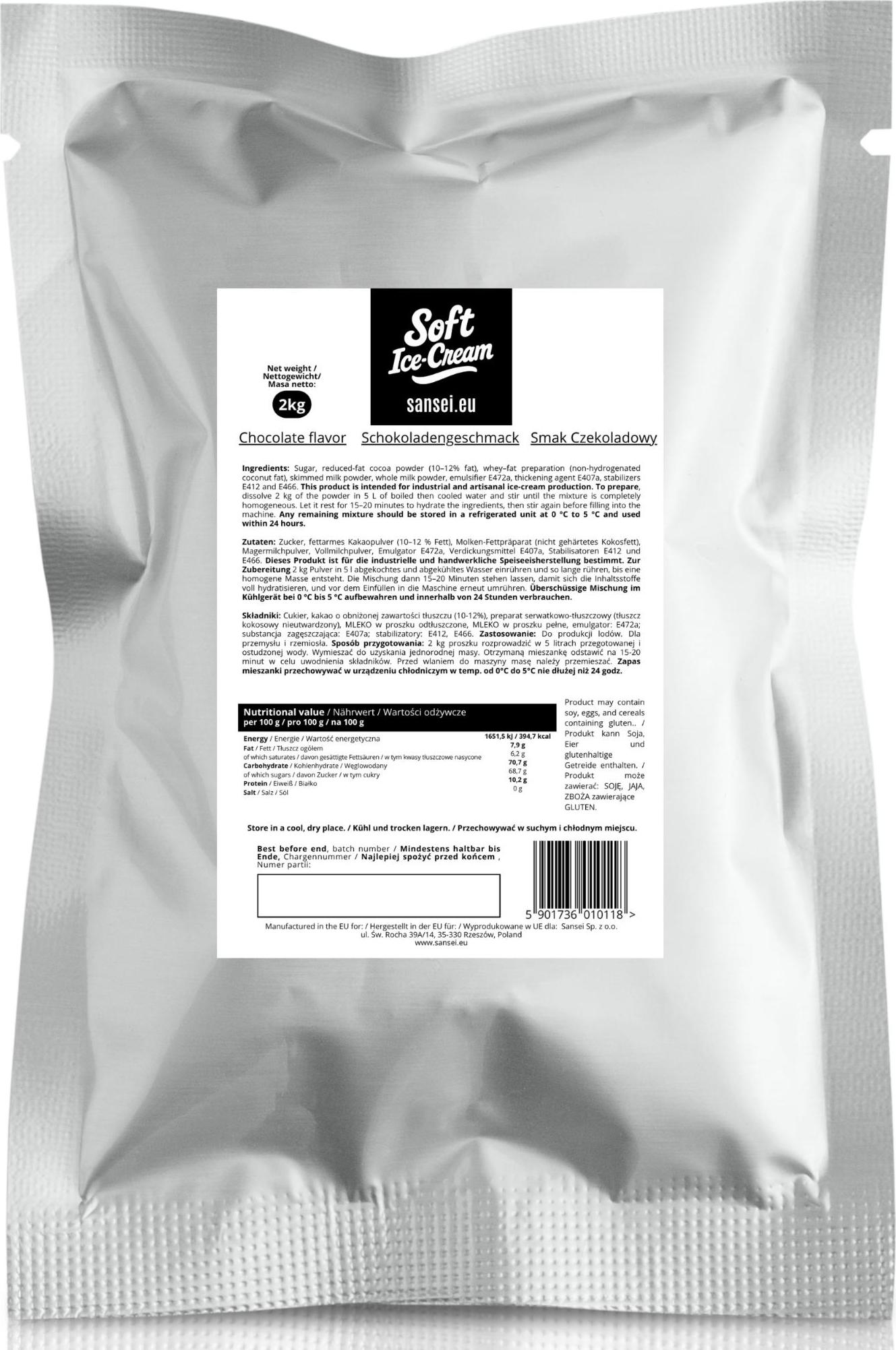 Inny producent Sansei Soft-Eis Pulver für Eismaschine Softeispulver Speiseeispulver Schokolade 2 kg 2:5 für 7 Kg