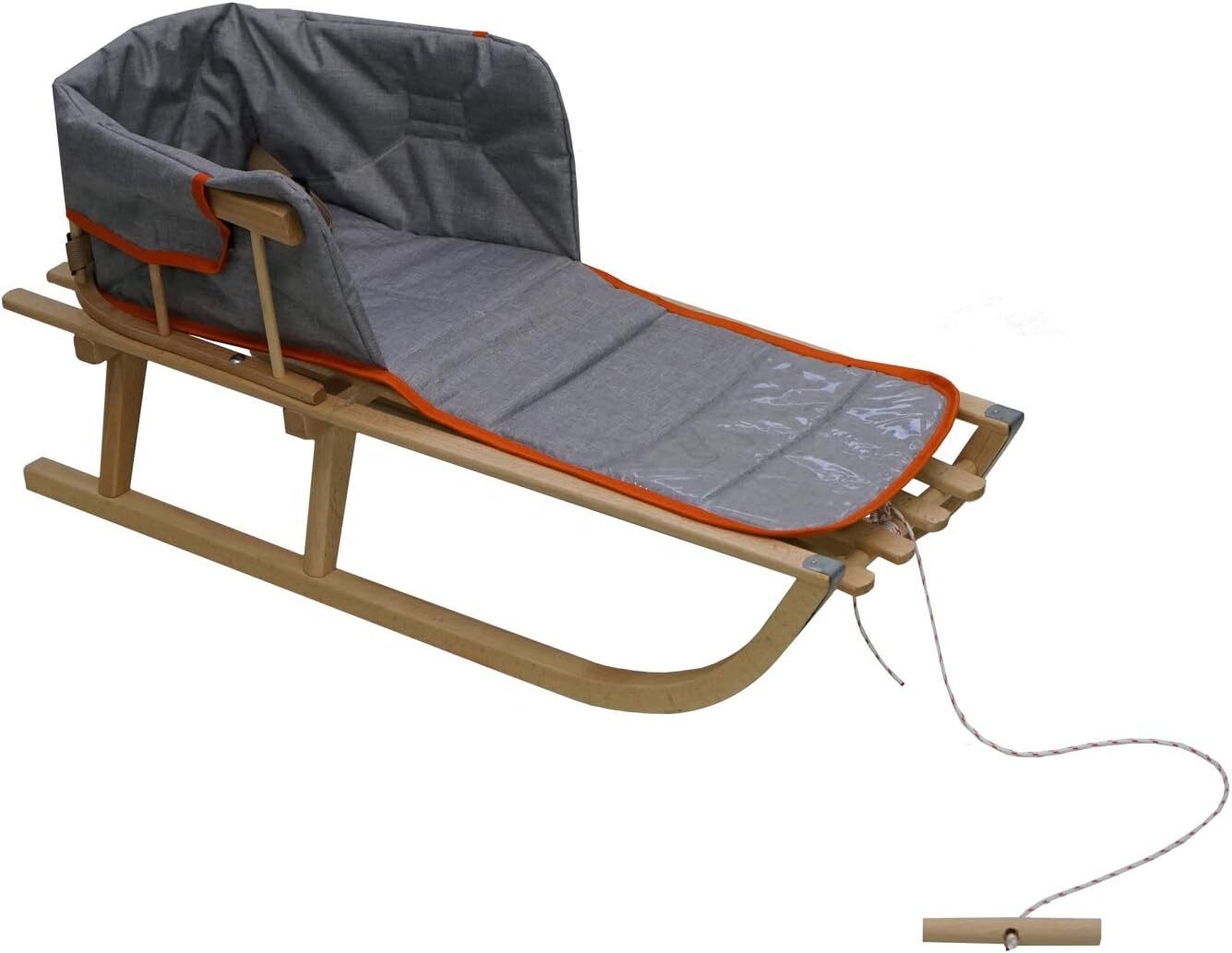 Skyline Holzschlitten für Kinder mit Rückenlehne Rodelschlitten Davoser Schlitten aus Holz mit einem Sicherheitsgurt Rückenlehne Matratze