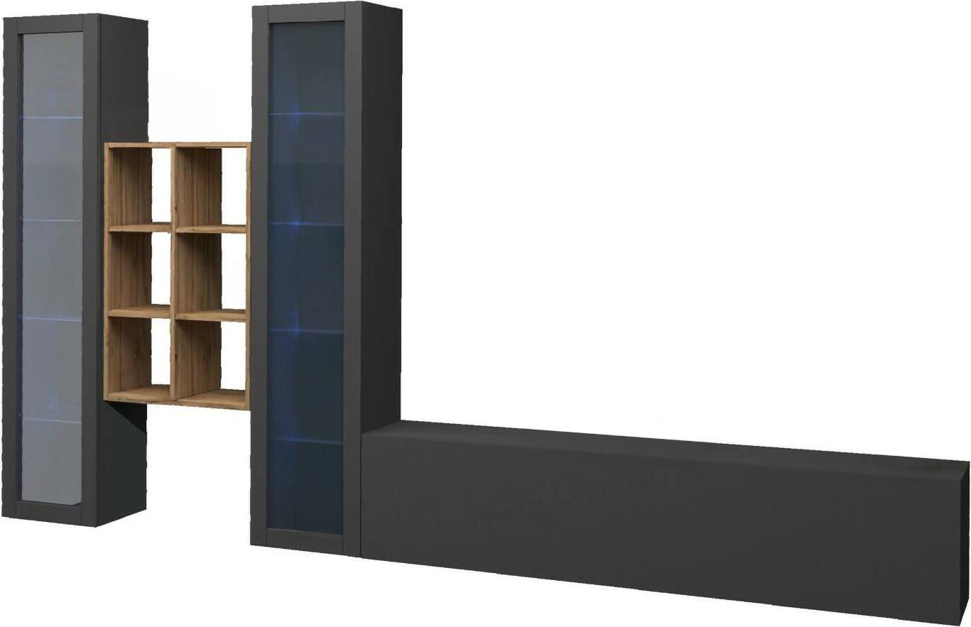 Dmora Wohnzimmermöbel Dcorrei, Wohnzimmer-Set TV-Möbel mit 3 Türen, Mehrzweck-Wohnzimmermöbel mit Vitrine und LED-Beleuchtung, 100 % Italy, cm 320x30h180, Anthrazit