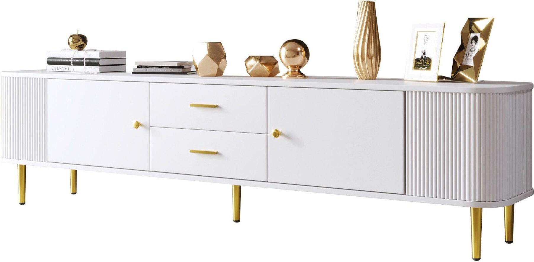 Gotagee TV-Schrank Weiss mit Schubladen Lowboard goldenen Beinen Griffen Wohnzimmerschraenke Beistellschraenke multifunktionale Aufbewahrungsschraenke Cabinet-WF190781784W