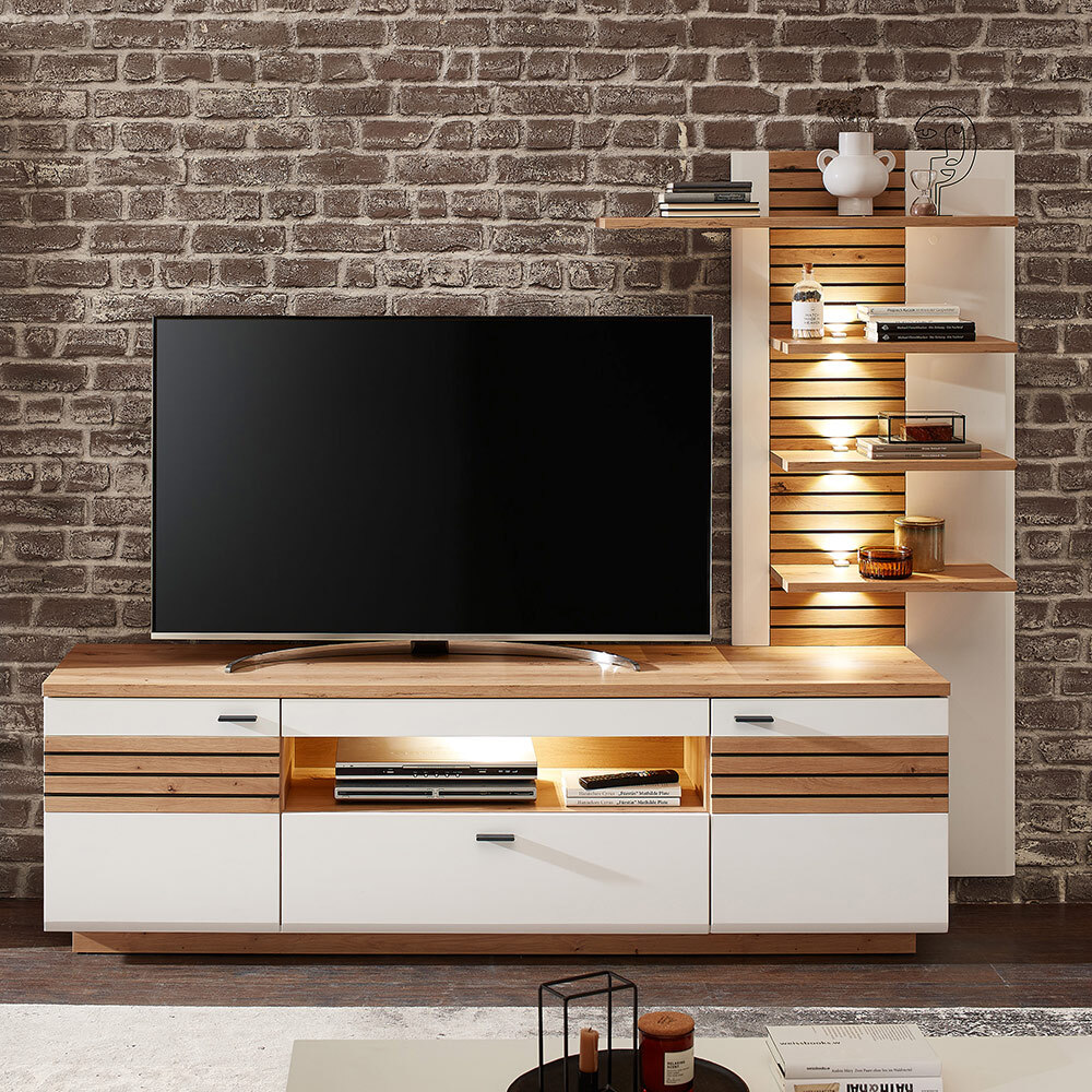 Lomadox Wohnwand, weiß mit Eiche, FALLON-55, modern, 2-teilig FALLON-55-SET40