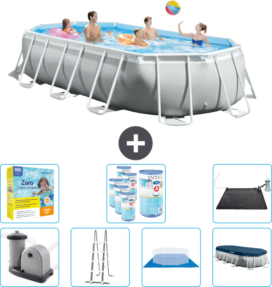 Bazén Intex Oval Prism Frame - 503 x 274 x 122 cm - sivý - vrátane čerpadla - rebríka - krycej plachty - balenia na údržbu - filtra - solárnej podložky