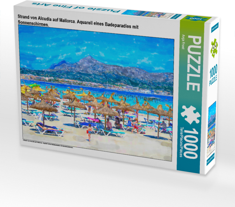 CALVENDO Puzzle Strand von Alcudia auf Mallorca. Aquarell eines Badeparadies mit Sonnenschirmen. | 1000 Teile Lege-Größe 64x48cm Foto-Puzzle für glückliche Stunden