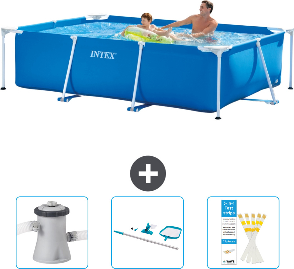 Bazén Intex s obdĺžnikovým rámom - 260 x 160 x 65 cm - Modrý - Súčasťou dodávky je filtračné čerpadlo pre bazén - čistiaca súprava - testovacie prúžky