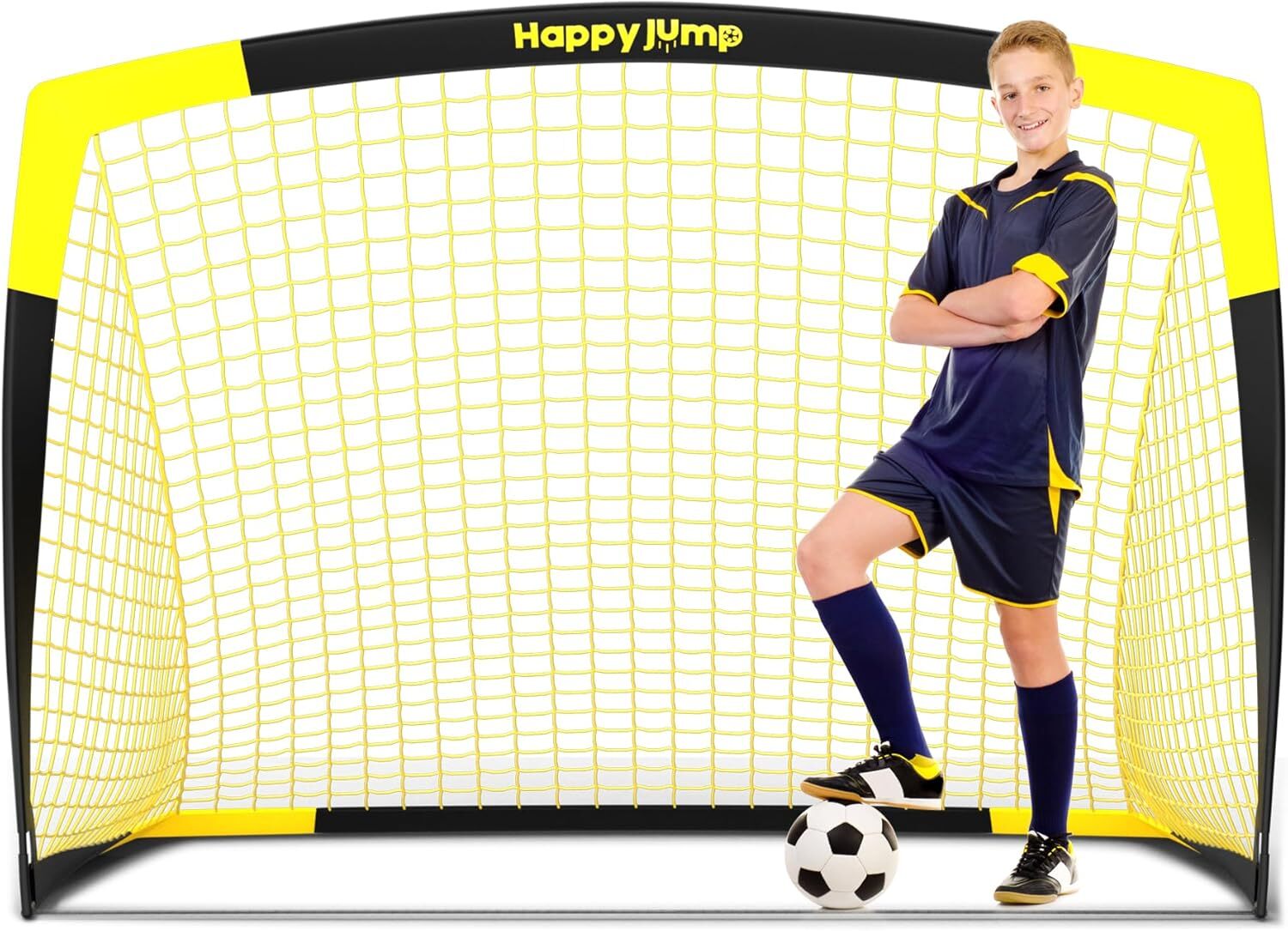 Happy Jump Fußballtor Pop Up Fußballnetz Fußballpfosten für Garten Fußballtrainingx1 (7'x5', Schwarz+Gelb)