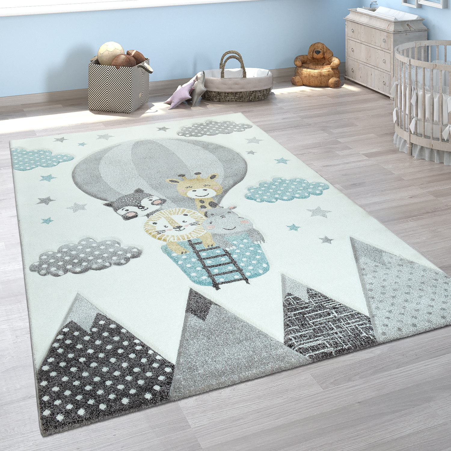 Grösse:133 cm Quadrat Paco Home Kinderteppich Teppich Kinderzimmer Kurzflor Mädchen Jungs Sterne Tier Muster Creme Grau 