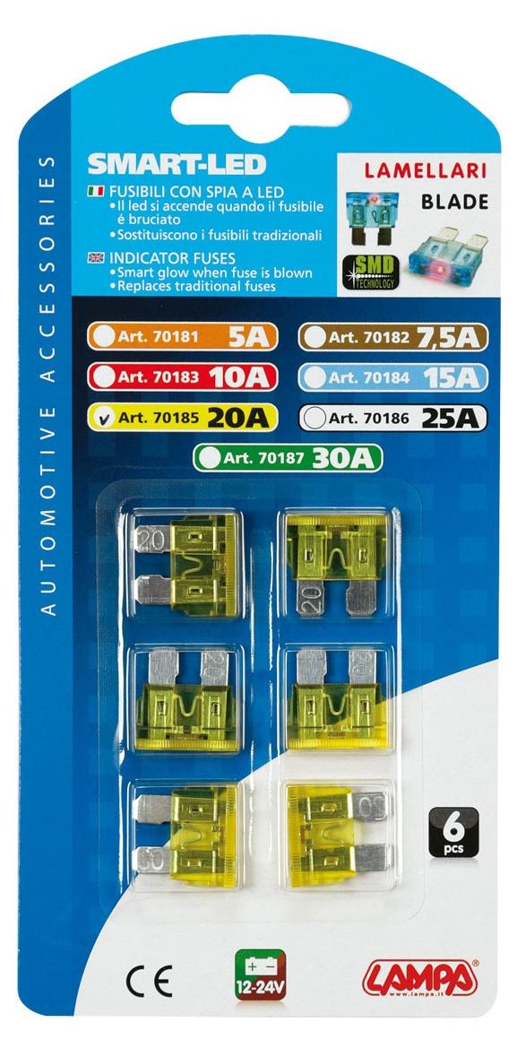 LAMPA Smart Led, Set 6 Lamellensicherungen mit LED-Kontrollleuchte, 12/32V - Ausführung: 20A 70185