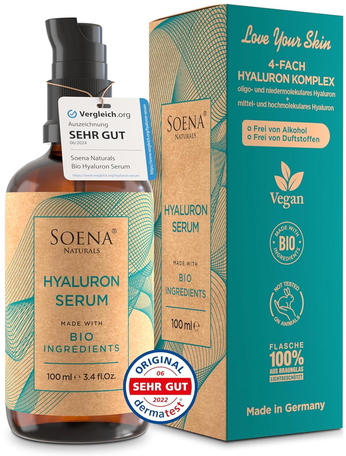 Soena Naturals Bio Hyaluron Serum Hochdosiert - Beste Hyaluronsäure (Oligo) - 8-Fach Anti-Falten-Komplex- Mit 4 Hyalurongrößen - Hyaluronsäure Serum - Parfümfrei