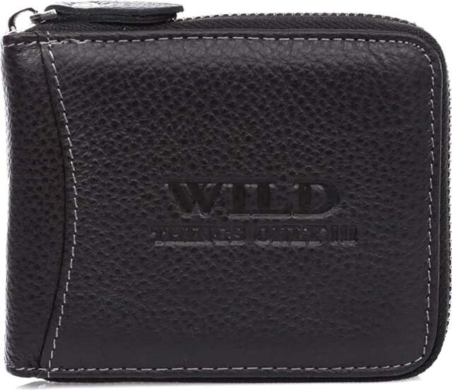 Wild Things Only WILD Herren-Geldbörse, klassisches Design, robustes Leder, rundum Reißverschluss, RFID-Schutz, Schwarz
