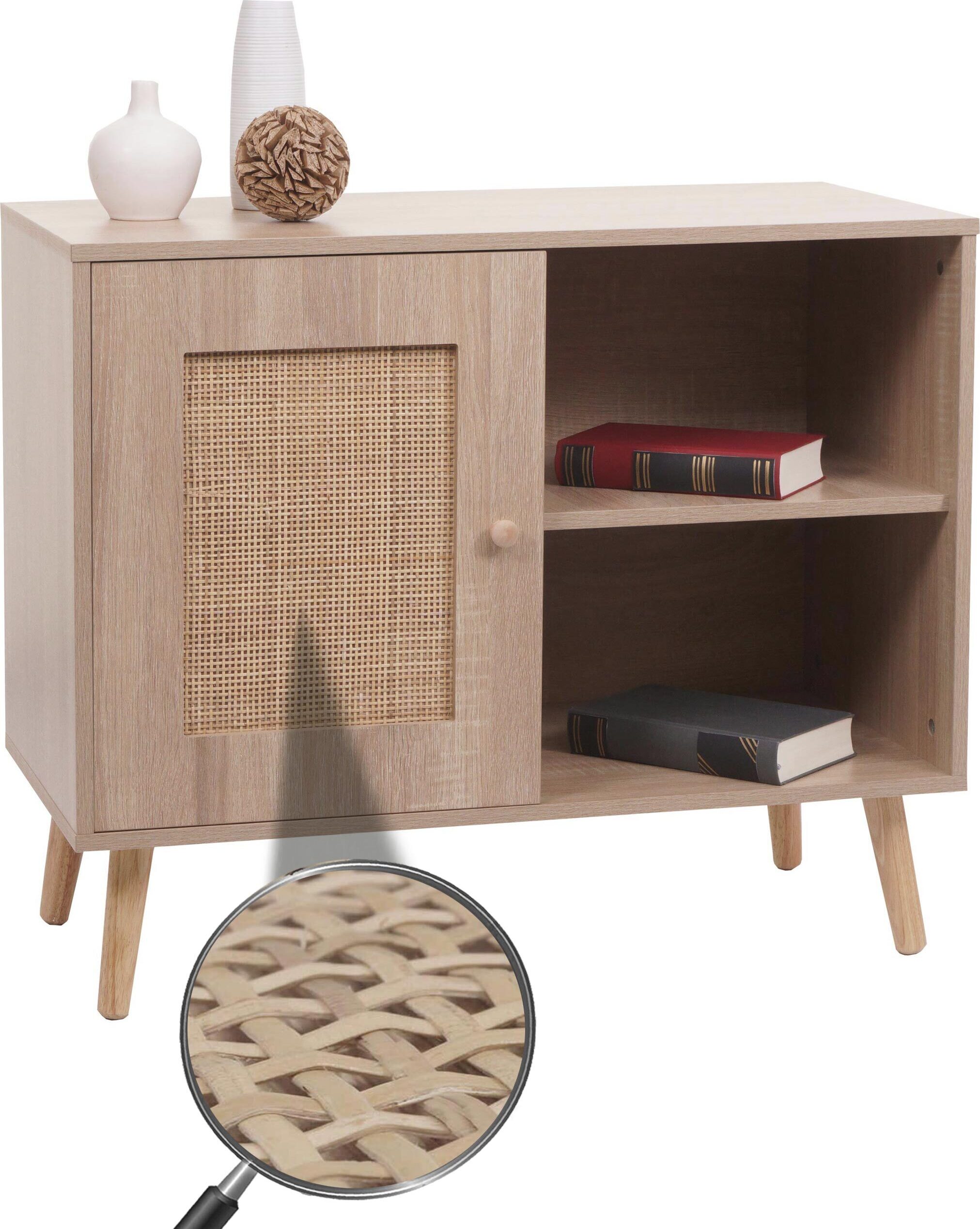 Cassettiera HHG-211, credenza alta, legno Kubu rattan, 101x71x42cm effetto rovere