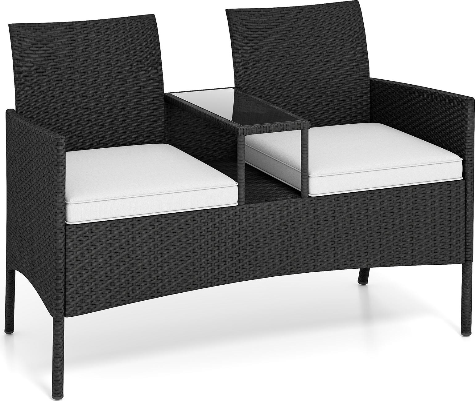 COSTWAY záhradná lavica so stolom, 2-miestna polyratanová lavica, sedacia súprava, záhradný nábytok, nábytok na terasu, balkónový nábytok odolný voči poveternostným vplyvom biely