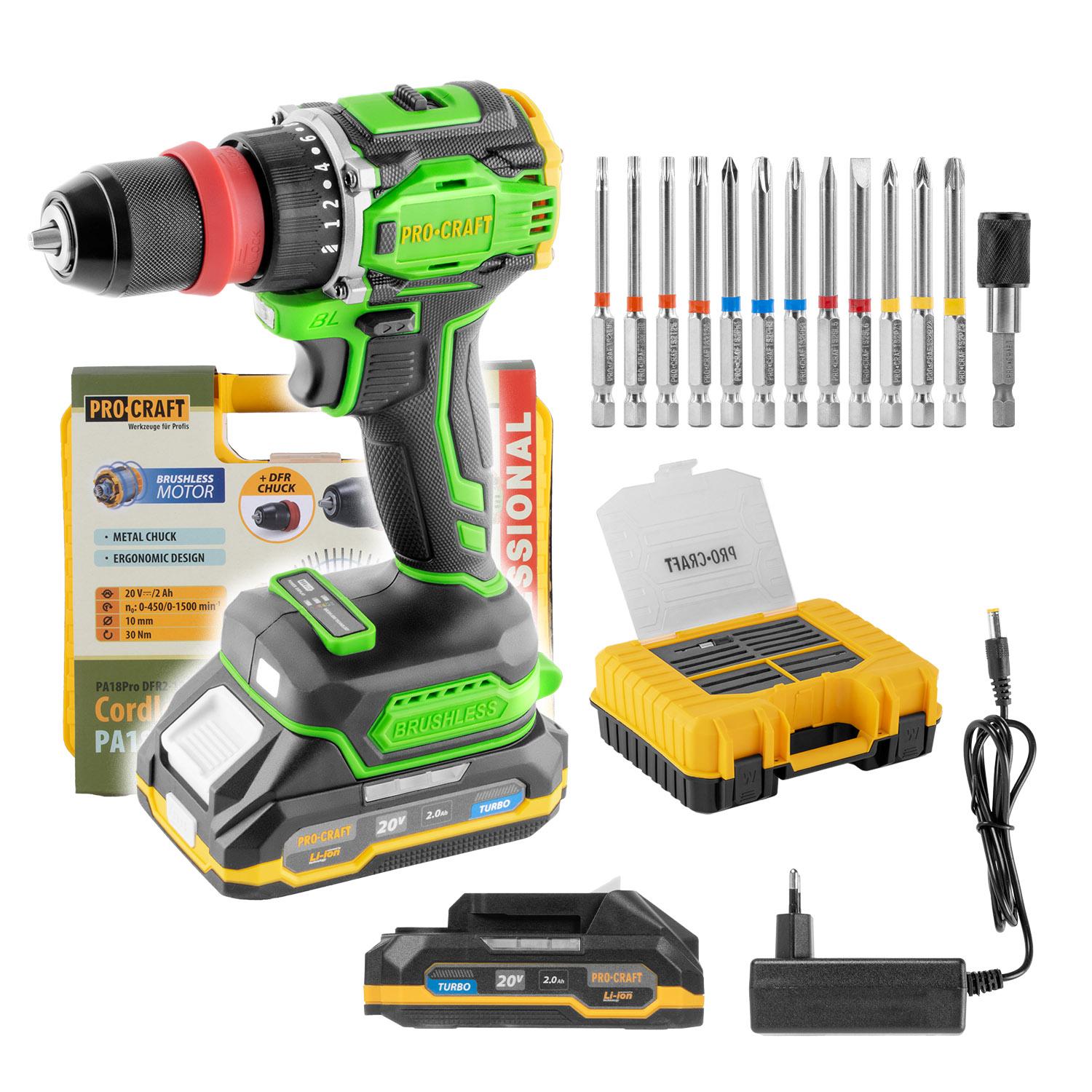 Akumulátorový skrutkovač Procraft PA18ProDFR2 + sada bitov