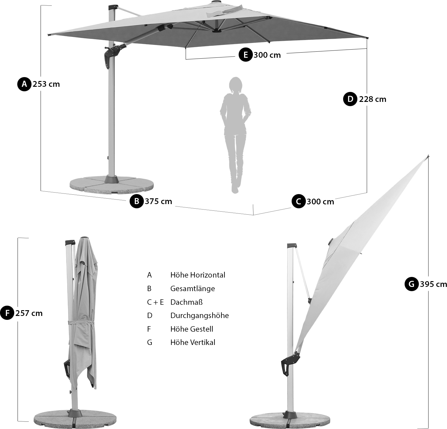 anndora Ampelschirm Aluminium grau 3m x 3m quadratisch - 360º drehbar - komplett schwenkbar neigbar - inklusive Betonplattenständer - mit Betonplatten | Silber Grau MYT-3030704_Bdl1