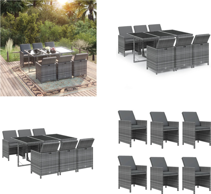 vidaXL 7-dielny záhradný jedálenský set s vankúšmi polyratan sivý - Záhradný jedálenský set - Záhradné jedálenské sety - Jedálenský set polyratan - Vonkajší jedálenský set