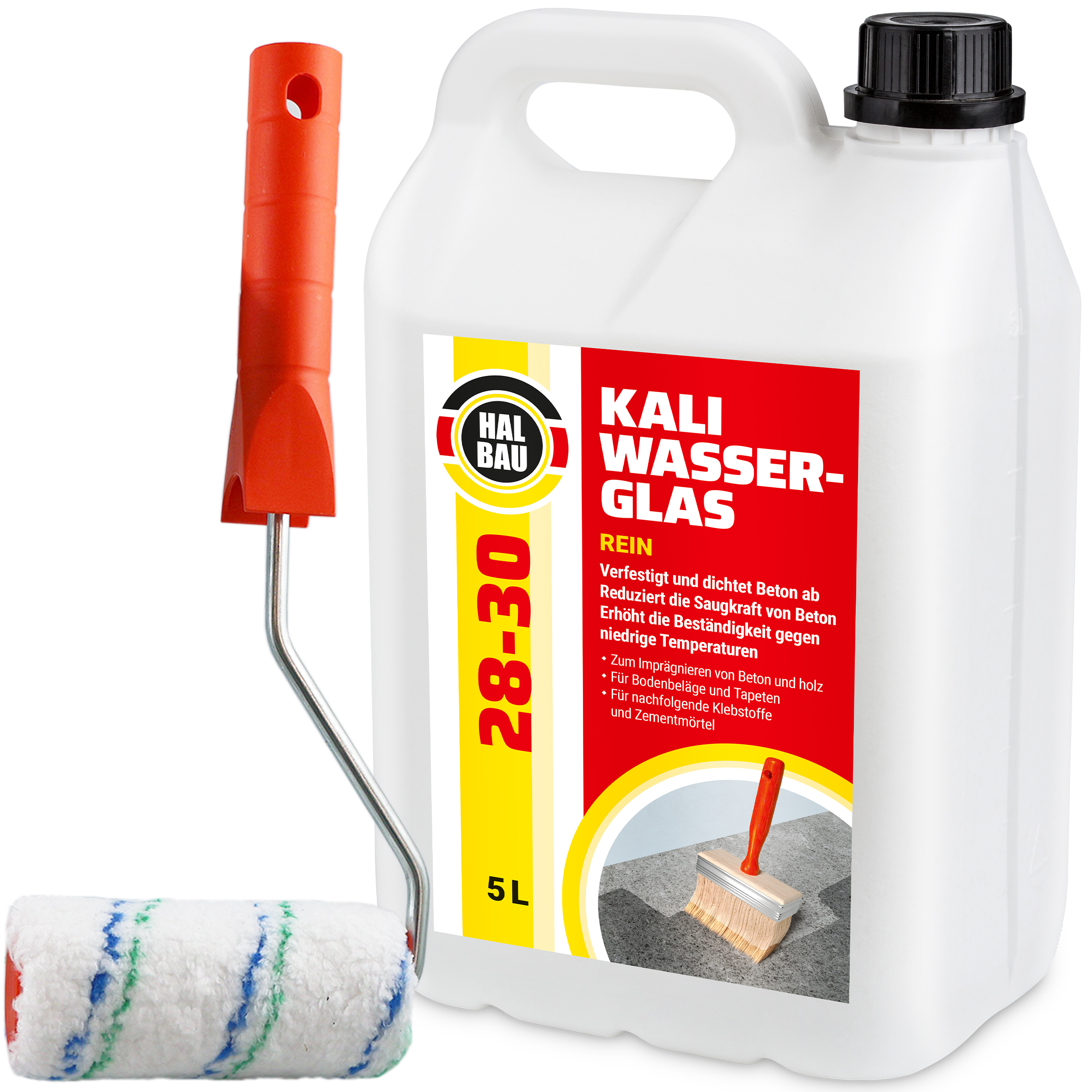 Hangato GmbH Kaliwasserglas HB28-30 Holzschutz BetonVersiegelung 5L+Farbroller 10cm Mikrofaser HB28-30_5L_FR