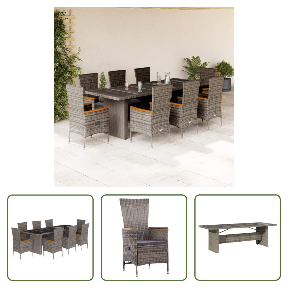 The Living Store 9-dielny záhradný jedálenský set s vankúšmi sivý polyratan