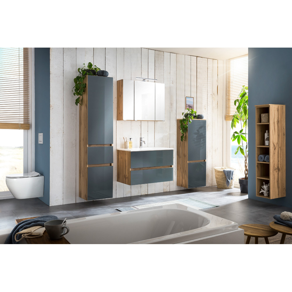 Lomadox Badmöbel Set mit Glasfronten HEERLEN-03 in Wotaneiche Nb. mit grau inkl. Waschbecken, LED, B/H/T: ca. 200/200/47 cm LA03-HEERLEN-03-SET10