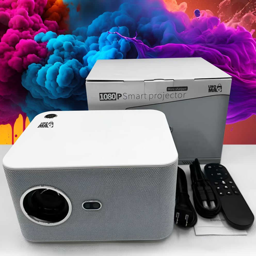 Inteligentný prenosný videoprojektor, Linomag®, 4K Full HD 1080P, 350 ANSI, automatické zaostrovanie, Android 11, WLAN, Bluetooth, integrovaný reproduktor, diaľkové ovládanie, biela/perleťovo sivá